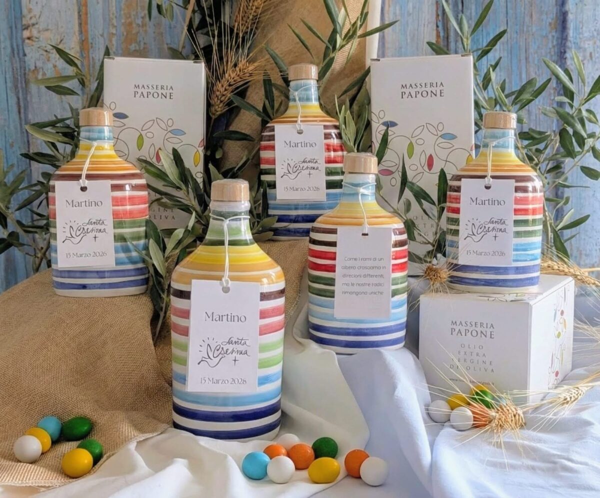 Orci in ceramica multicolore con olio evo – bomboniere originali per cresima Masseria Papone