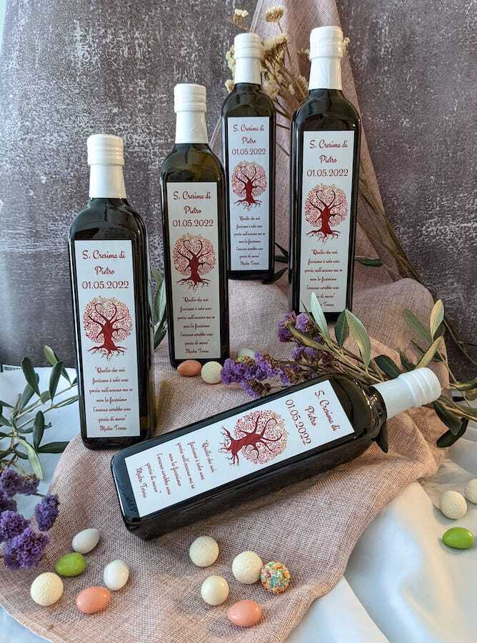 Bottiglie olio extravergine pugliese con etichetta personalizzata per bomboniera cresima