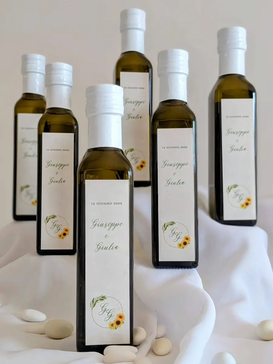 Bomboniere Matrimonio con Olio Extravergine Pugliese – Masseria Papone 11 bottiglie olio evo con etichetta personalizzata bomboniera gastronomica matrimonio