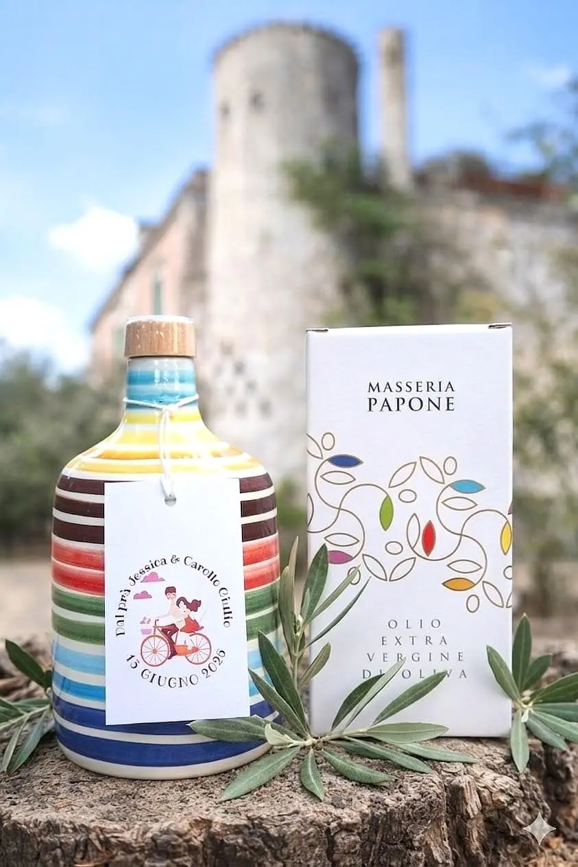 Bomboniere Matrimonio con Olio Extravergine Pugliese – Masseria Papone 19 bomboniera pugliese bottiglia olio arcobaleno con etichetta personalizzata